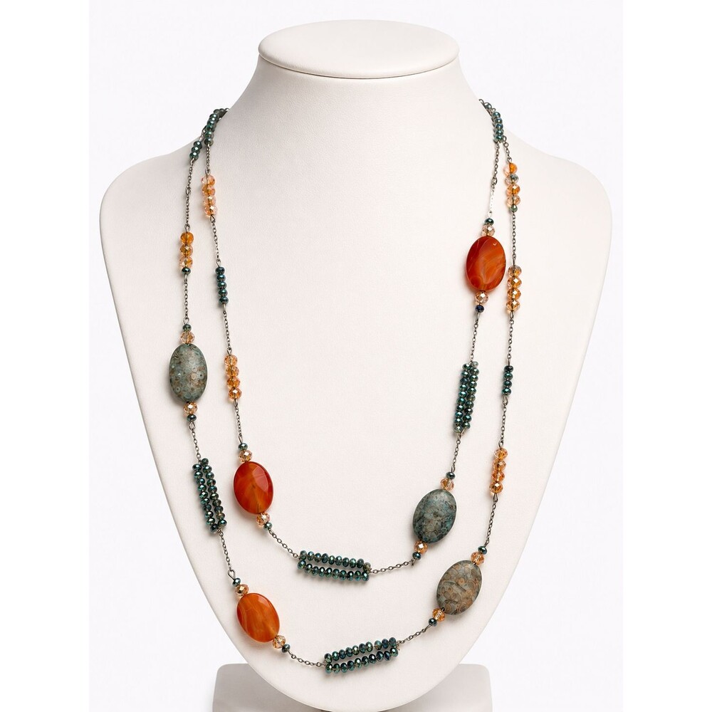 Vintage Boho Layered Orange Carnelian Agate Fossil Coral Glass Crystal Necklace